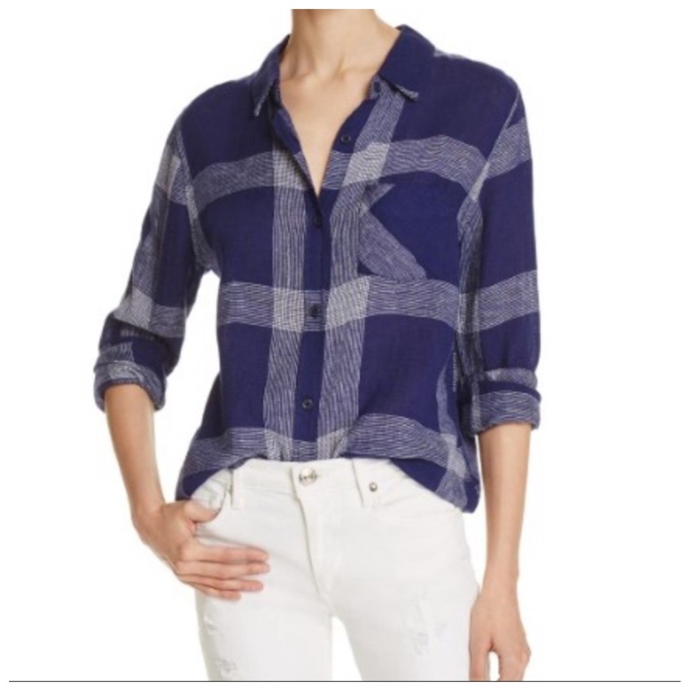 Rails Charli Linen Button Down Top Womens M Blue Plaid Fall Boho Cabincore Farm